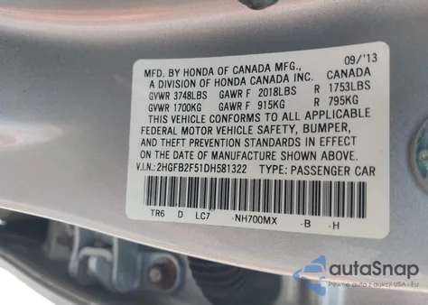 2013 Honda Civic Lx из США, поврежденный, VIN 2HGFB2F51DH581322